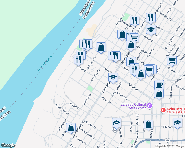 map of restaurants, bars, coffee shops, grocery stores, and more near 231 South Shelby Street in Greenville