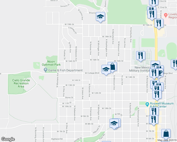 map of restaurants, bars, coffee shops, grocery stores, and more near 1502 North Kansas Avenue in Roswell
