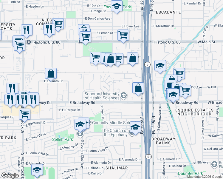 map of restaurants, bars, coffee shops, grocery stores, and more near 1634 South Torre Molinos Circle in Tempe