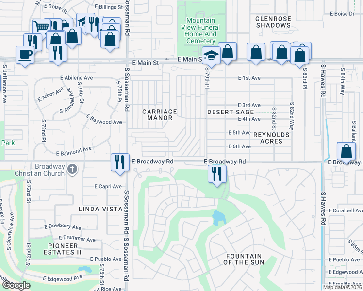 map of restaurants, bars, coffee shops, grocery stores, and more near 7750 East Broadway Road in Mesa