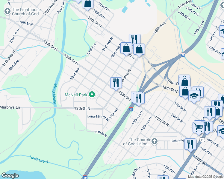map of restaurants, bars, coffee shops, grocery stores, and more near 1808 15th Street North in Bessemer