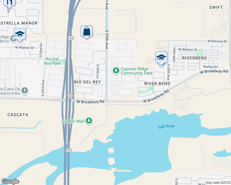 map of restaurants, bars, coffee shops, grocery stores, and more near 4223 South 58th Lane in Phoenix