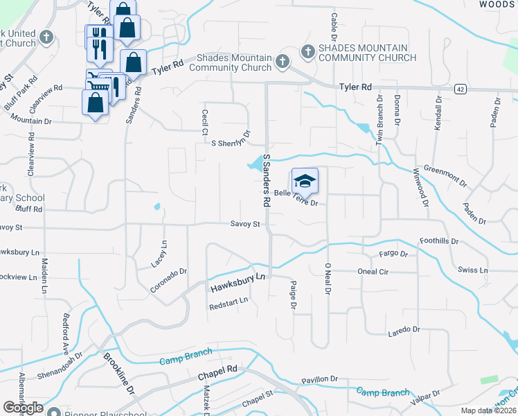 map of restaurants, bars, coffee shops, grocery stores, and more near 616 South Sanders Road in Birmingham
