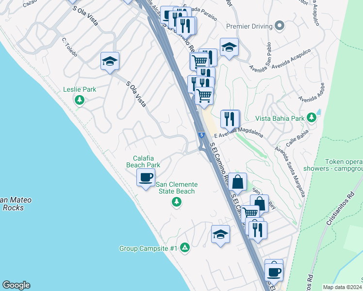 map of restaurants, bars, coffee shops, grocery stores, and more near 2450 South Ola Vista in San Clemente