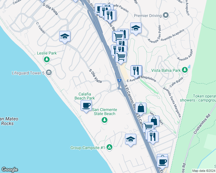 map of restaurants, bars, coffee shops, grocery stores, and more near in San Clemente