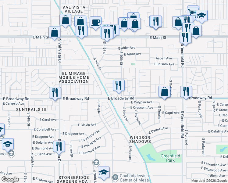map of restaurants, bars, coffee shops, grocery stores, and more near 342 South 40th Street in Mesa
