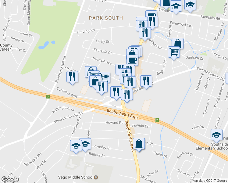 map of restaurants, bars, coffee shops, grocery stores, and more near 3139 Peach Orchard Road in Augusta