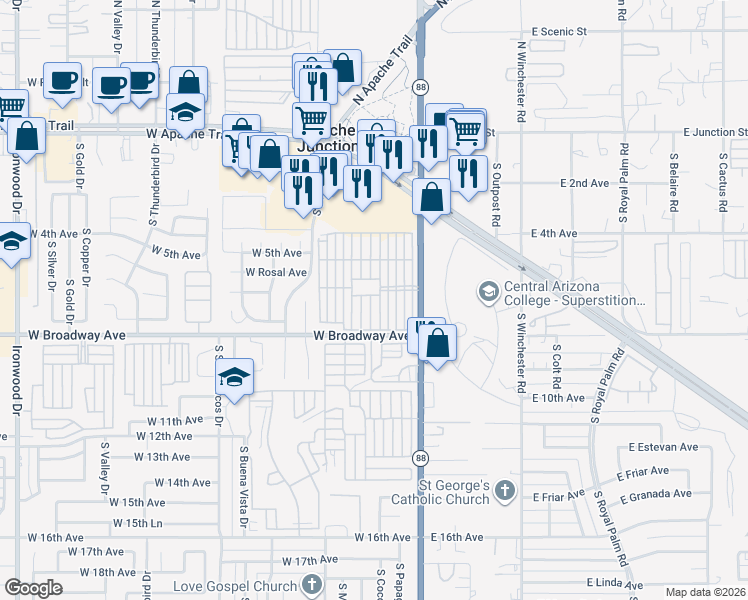map of restaurants, bars, coffee shops, grocery stores, and more near 4th Avenue in Apache Junction
