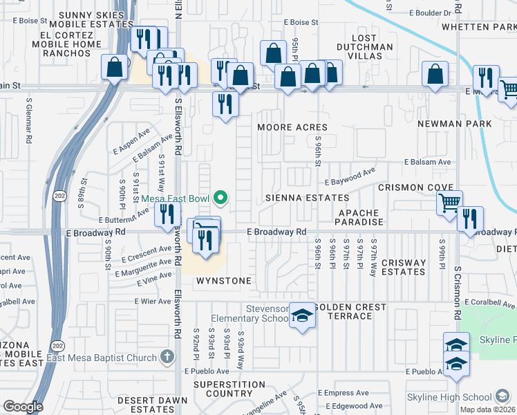 map of restaurants, bars, coffee shops, grocery stores, and more near 9421 East Main Street in Mesa