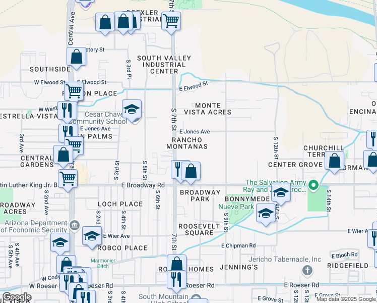 map of restaurants, bars, coffee shops, grocery stores, and more near 4045 South 7th Street in Phoenix