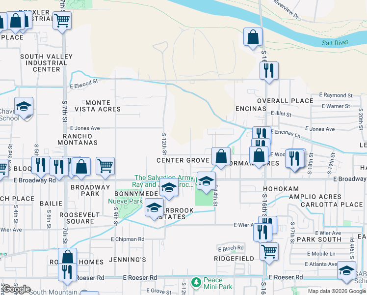 map of restaurants, bars, coffee shops, grocery stores, and more near 4030 South 13th Street in Phoenix
