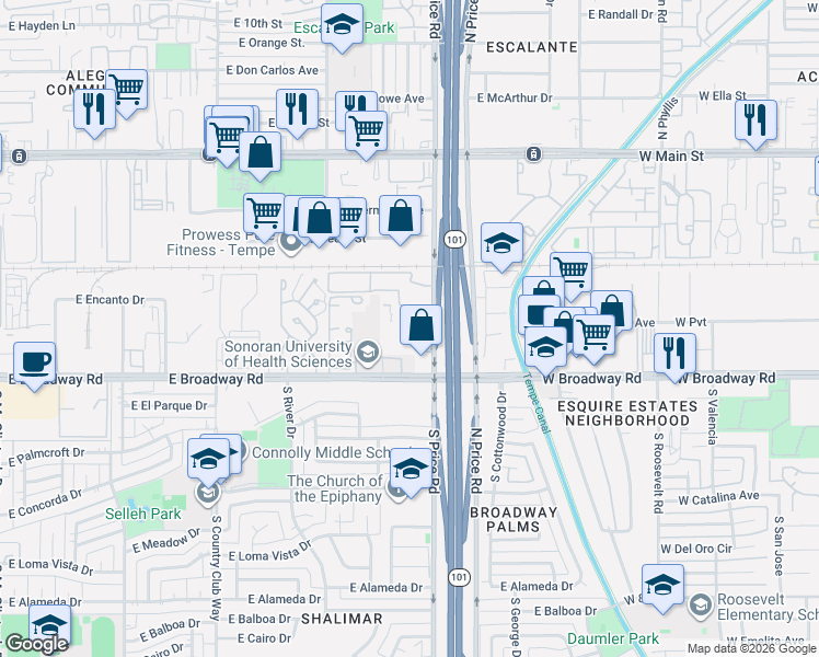 map of restaurants, bars, coffee shops, grocery stores, and more near 1750 South Price Road in Tempe