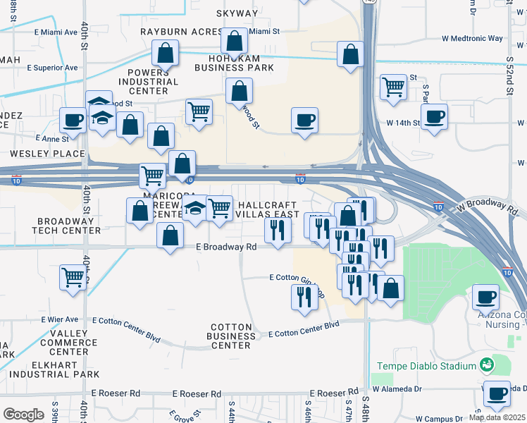 map of restaurants, bars, coffee shops, grocery stores, and more near 4049 South 44th Way in Phoenix