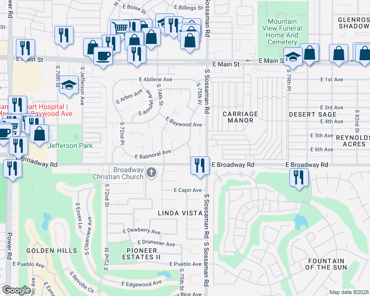 map of restaurants, bars, coffee shops, grocery stores, and more near 311 South 75th Place in Mesa