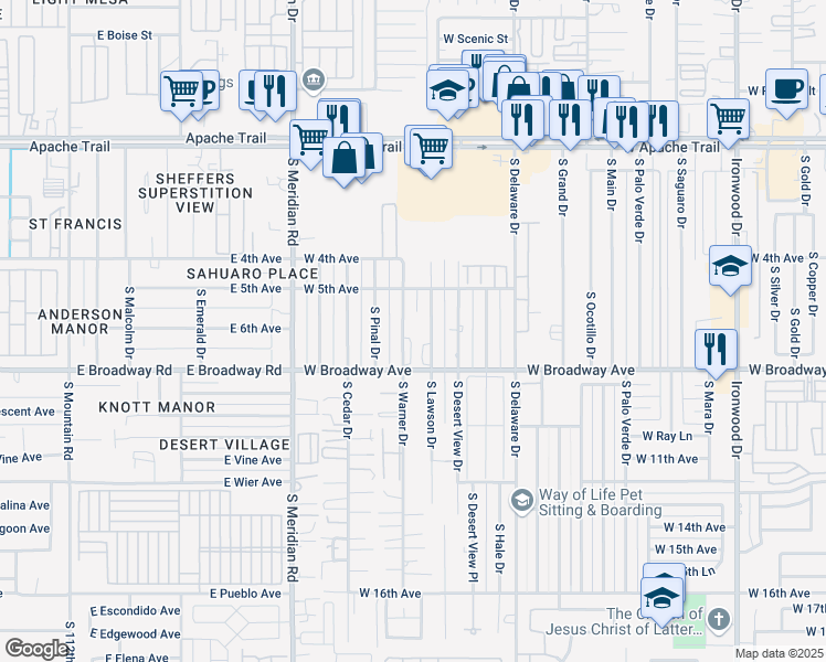 map of restaurants, bars, coffee shops, grocery stores, and more near 635 South Warner Drive in Apache Junction