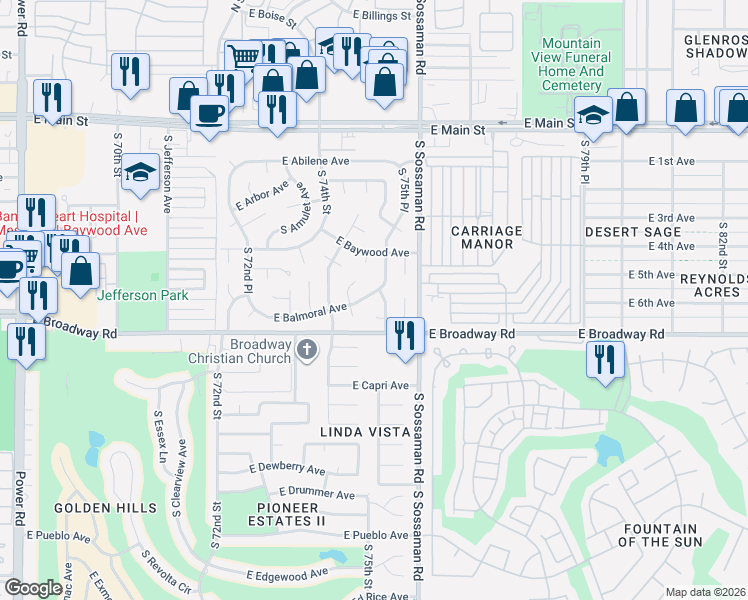 map of restaurants, bars, coffee shops, grocery stores, and more near 311 South 75th Place in Mesa
