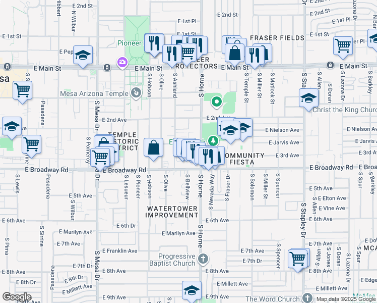 map of restaurants, bars, coffee shops, grocery stores, and more near 129 East 3rd Avenue in Mesa