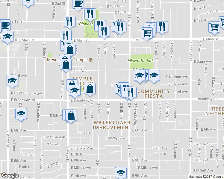 map of restaurants, bars, coffee shops, grocery stores, and more near 110 East 3rd Avenue in Mesa
