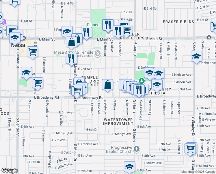 map of restaurants, bars, coffee shops, grocery stores, and more near 625 East 3rd Avenue in Mesa