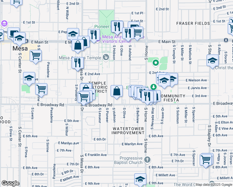 map of restaurants, bars, coffee shops, grocery stores, and more near 625 East 3rd Avenue in Mesa