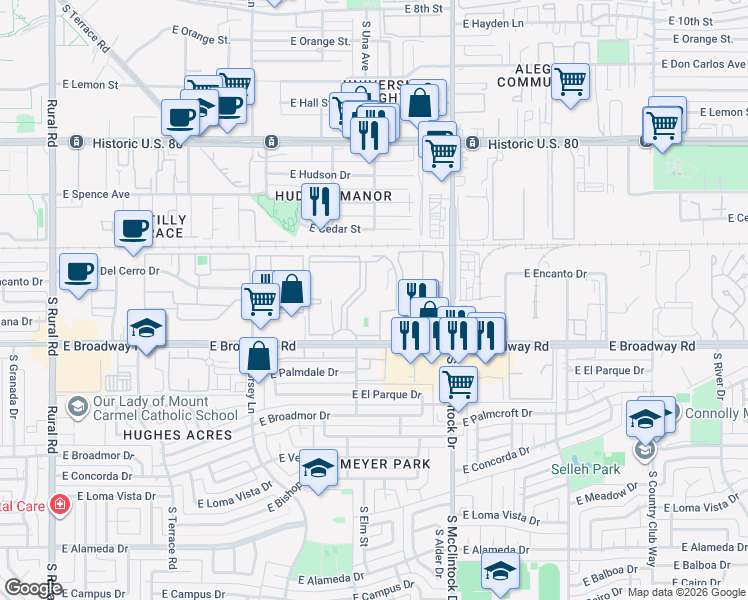 map of restaurants, bars, coffee shops, grocery stores, and more near 1500 East Broadway Road in Tempe