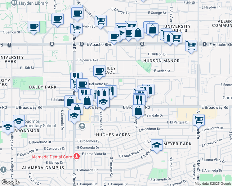 map of restaurants, bars, coffee shops, grocery stores, and more near 145 East Apartment in Tempe