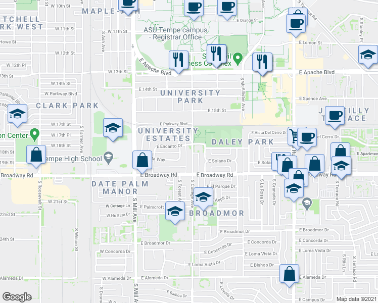 map of restaurants, bars, coffee shops, grocery stores, and more near 1701 South College Avenue in Tempe