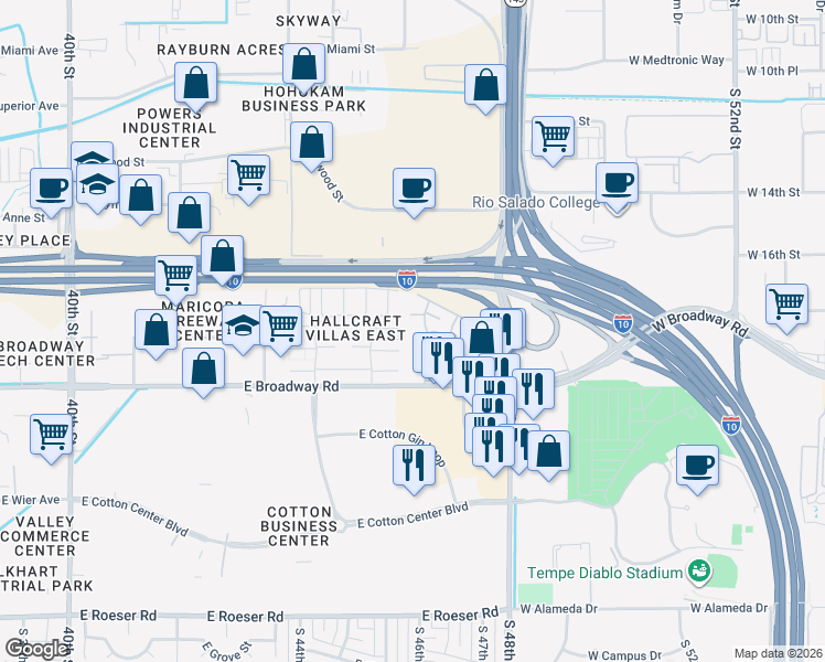 map of restaurants, bars, coffee shops, grocery stores, and more near 4530 East Riverside Street in Phoenix