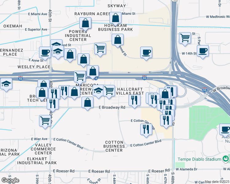 map of restaurants, bars, coffee shops, grocery stores, and more near 4404 East Riverside Street in Phoenix