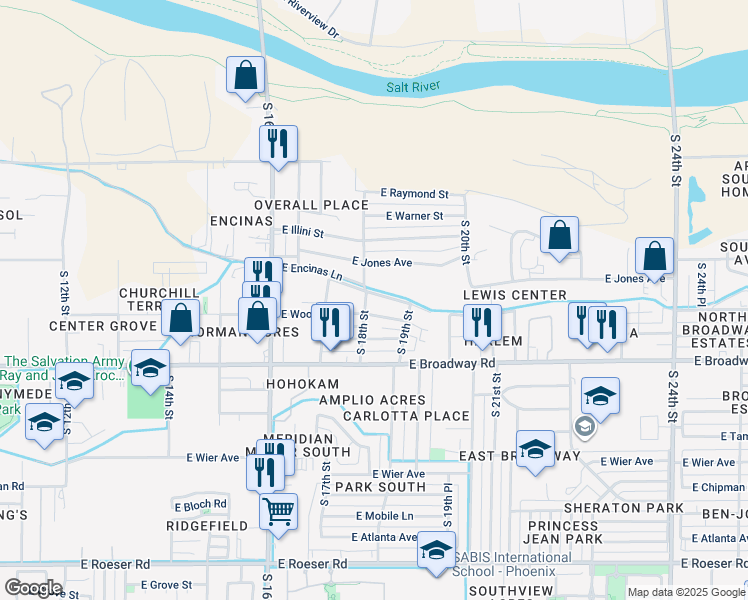 map of restaurants, bars, coffee shops, grocery stores, and more near 1805 East Encinas Lane in Phoenix