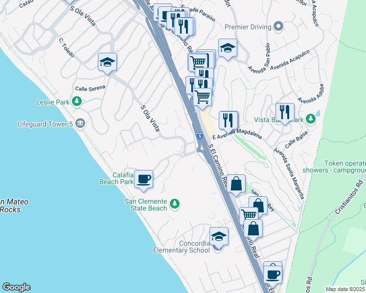 map of restaurants, bars, coffee shops, grocery stores, and more near 2483 South Ola Vista in San Clemente