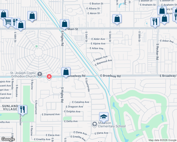 map of restaurants, bars, coffee shops, grocery stores, and more near 230 South 4th Avenue in Mesa