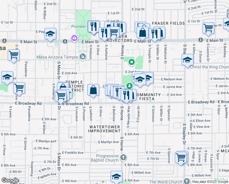 map of restaurants, bars, coffee shops, grocery stores, and more near 129 East 3rd Avenue in Mesa