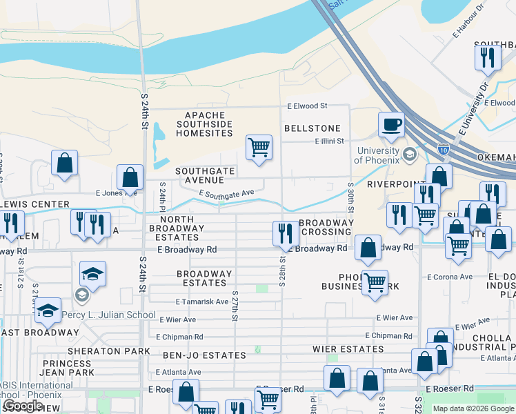 map of restaurants, bars, coffee shops, grocery stores, and more near 2707 East Southgate Avenue in Phoenix