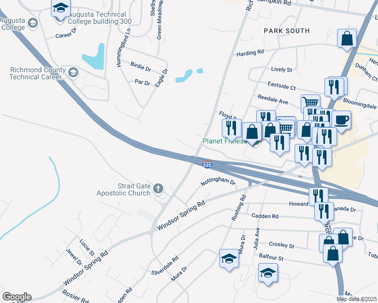 map of restaurants, bars, coffee shops, grocery stores, and more near 3107 Richmond Hill Road in Augusta
