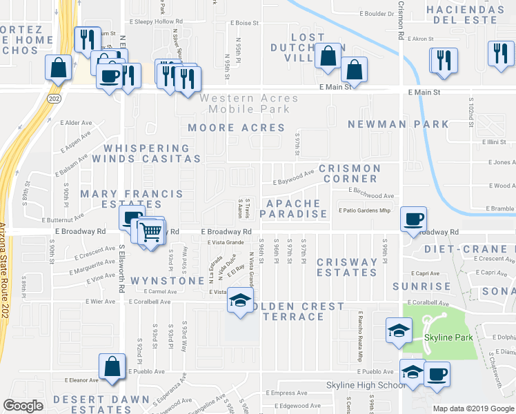 map of restaurants, bars, coffee shops, grocery stores, and more near 325 South Leandro in Mesa