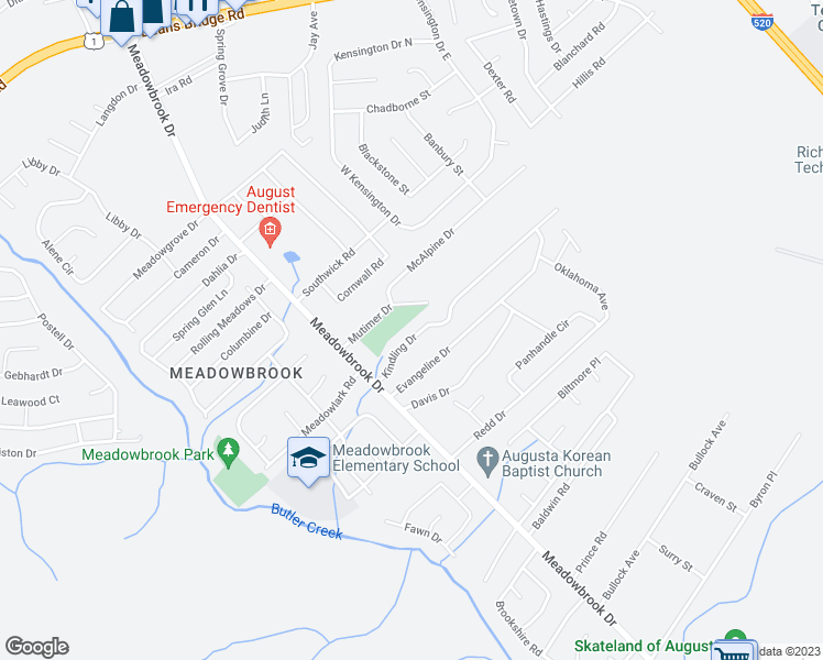 map of restaurants, bars, coffee shops, grocery stores, and more near 3565 Kindling Drive in Augusta