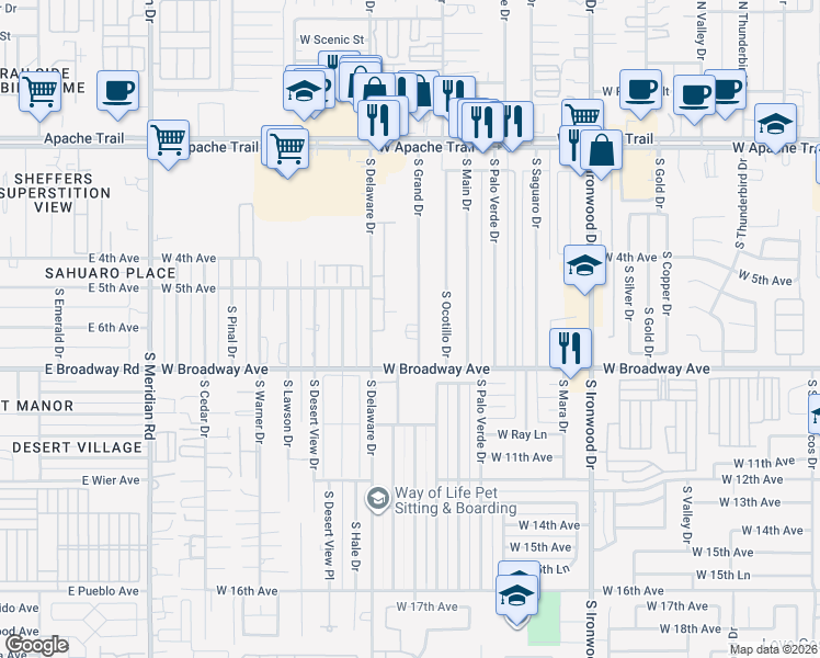 map of restaurants, bars, coffee shops, grocery stores, and more near 652 South Grand Drive in Apache Junction