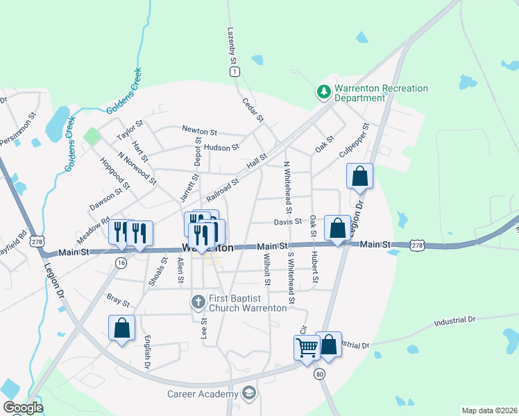 map of restaurants, bars, coffee shops, grocery stores, and more near 160 North Gibson Street in Warrenton
