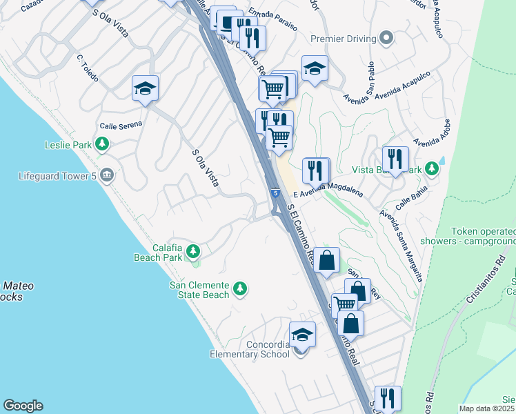 map of restaurants, bars, coffee shops, grocery stores, and more near 2483 South Ola Vista in San Clemente
