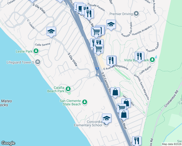 map of restaurants, bars, coffee shops, grocery stores, and more near 2485 South Ola Vista in San Clemente