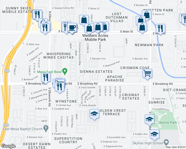 map of restaurants, bars, coffee shops, grocery stores, and more near 325 South Aaron in Mesa