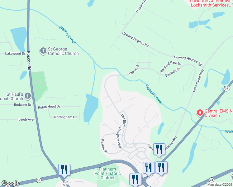 map of restaurants, bars, coffee shops, grocery stores, and more near 15 Nash Lane in Newnan