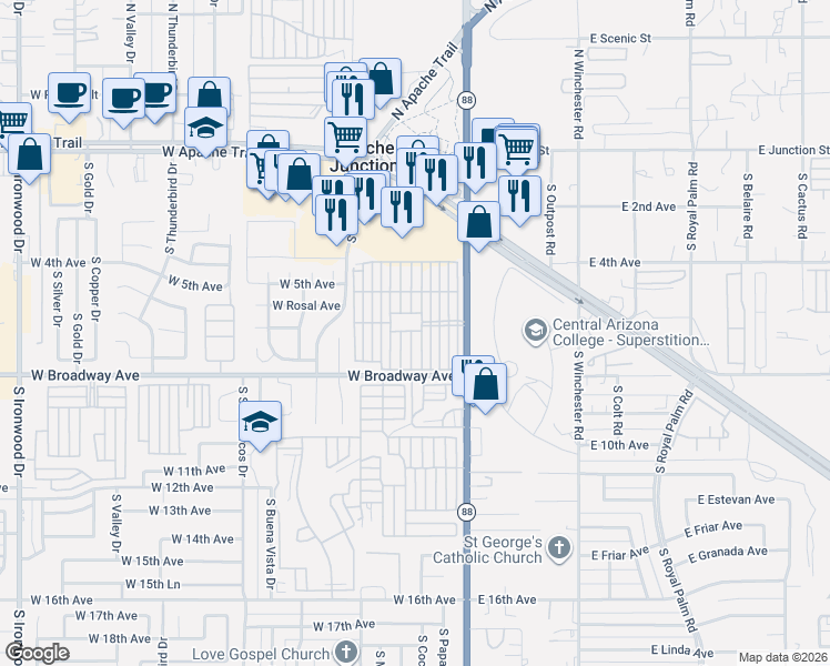 map of restaurants, bars, coffee shops, grocery stores, and more near 4th Avenue in Apache Junction