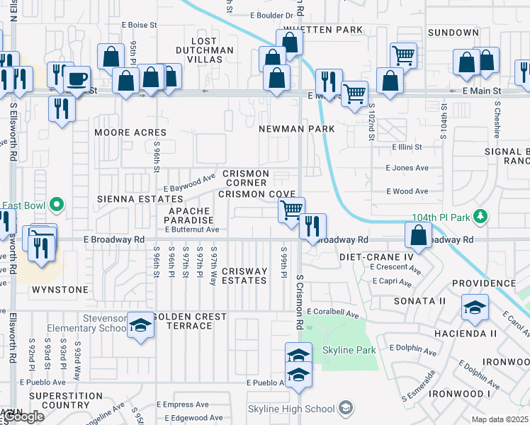 map of restaurants, bars, coffee shops, grocery stores, and more near 9857 East Birchwood Avenue in Mesa