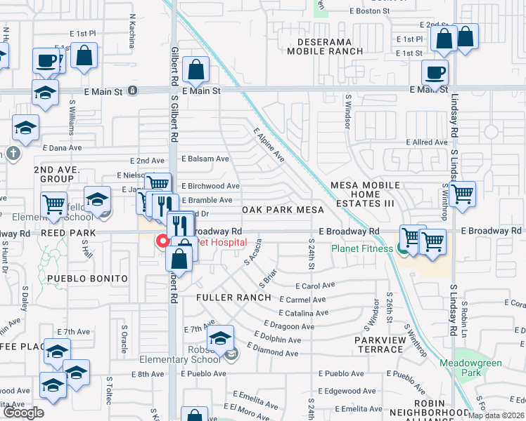 map of restaurants, bars, coffee shops, grocery stores, and more near 2233 East Bramble Avenue in Mesa