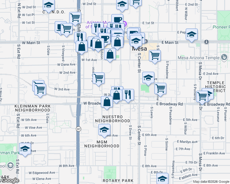 map of restaurants, bars, coffee shops, grocery stores, and more near 265 South Robson in Mesa