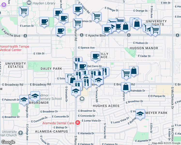 map of restaurants, bars, coffee shops, grocery stores, and more near 1710 South Jentilly Lane in Tempe