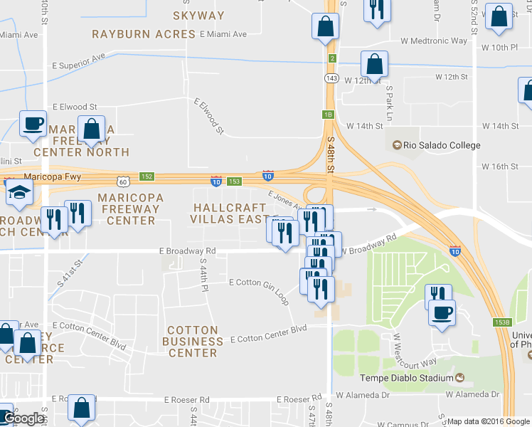 map of restaurants, bars, coffee shops, grocery stores, and more near 4530 East Riverside Street in Phoenix