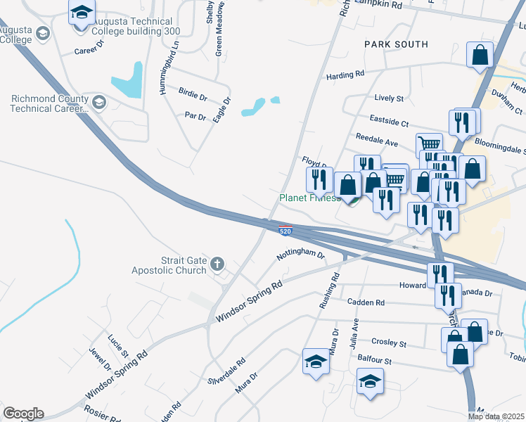 map of restaurants, bars, coffee shops, grocery stores, and more near 3107 Richmond Hill Road in Augusta